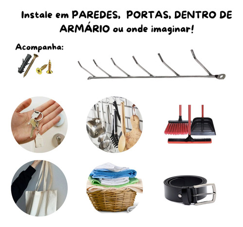 Cabideiro Multiuso 6 Ganchos Suporte De Parede Roupas Cromo Cor Prateado
