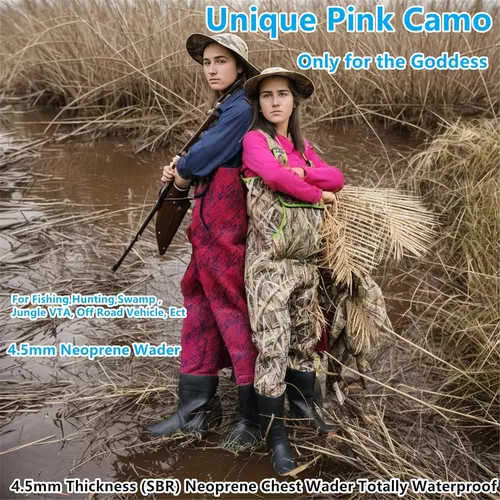 Llaikeph Neoprene Waders Chest Womens Waders With Boots Waterproof PinkCamo  Hunting Fishing 4.5mm Thickness