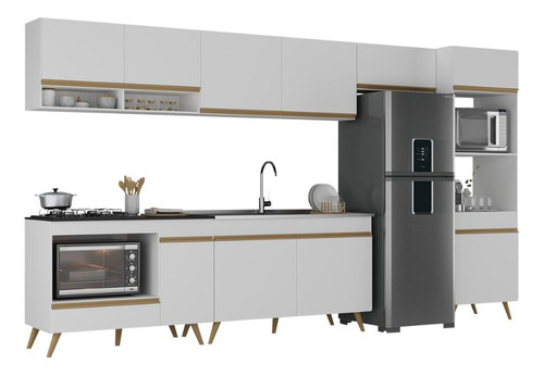 Armário de Cozinha Modulada Completa 6 Pçs com Balcão para Cooktop Veneza Multimóveis MP2273 Branco/Dourado