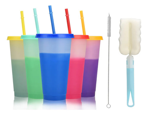 Vasos Magicos Cambian De Color Con Tapa Y Popote 720ml 5pzs