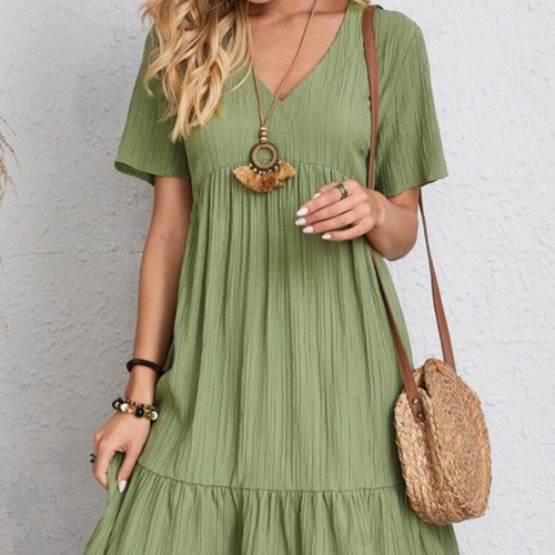 Vestido Corto Liso Holgado De Manga Corta Con Cuello En V