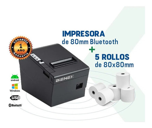 Impresora Ticketera Térmica 80mm, Usb/bluetooth + Papel