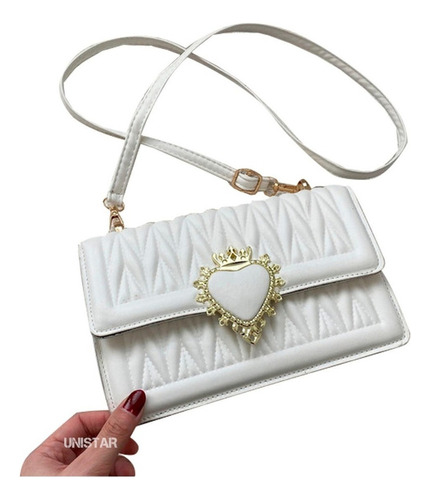 Bolsa Feminina Transversal, Estilo Carteira Zíper Coração Cor Branco