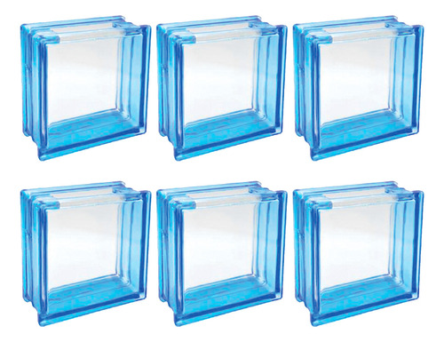 Kit 6 Bloco De Vidro Azul C/ Furo Quadrado 19x19x8 Tradestar