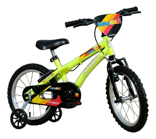 Bicicleta  infantil infantil Athor Baby Boy 2023 aro 16 freios v-brakes cor amarelo neon com rodas de treinamento