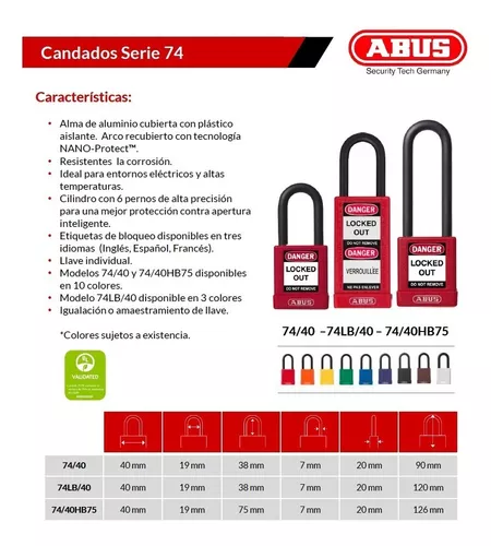 ABUS 74/40 Candado de etiquetado de bloqueo de seguridad, rojo, códigos  clave secuenciales por pedido