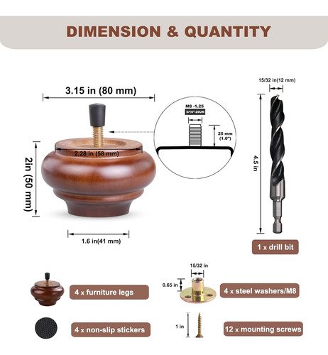 Juego De 4 Patas De Madera De 5 Cm Para Muebles Color Nogal