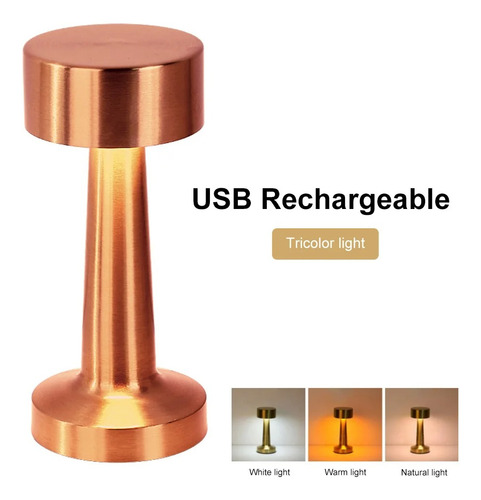Lampara Velador Led Recargable Usb Tactil Metal Dimmer Deco Estructura Bronce Pantalla Bronce