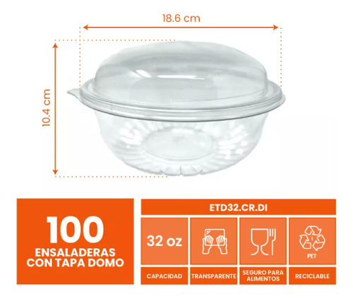 Ensaladera Con Tapa Domo 32 Oz Pet Reciclable Wow 100 Jgs Color Blanco