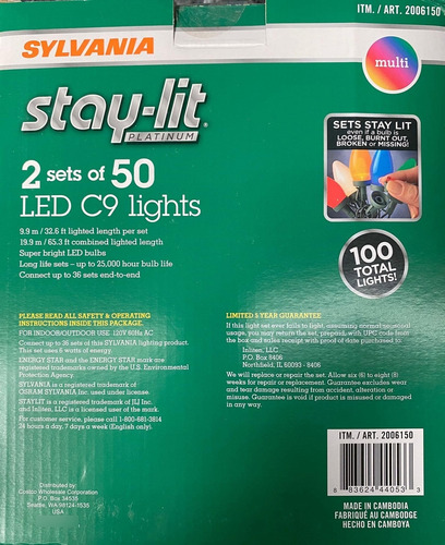 Sylvania Stay-lit Platinum - Tira De Luces Led C9, 2 Juegos.