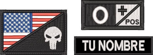 Parche Bordado, Bandera Eua Punisher, Kit 3 Pzas Nombre + Id