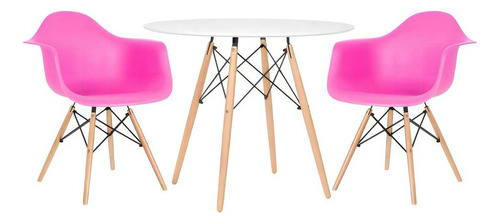 Kit Mesa Jantar Redonda 90 Cm E 2 Cadeiras Eames Wood Daw Cor Mesa branco com cadeiras rosa pink