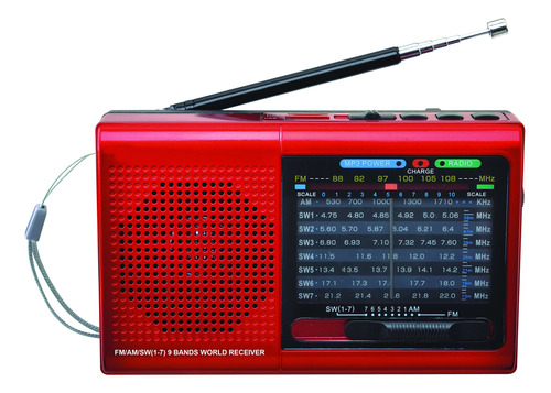 Supersonic 9 Band Bluetooth Radio Con Am/fm Y Sw1-7, Rojo (s