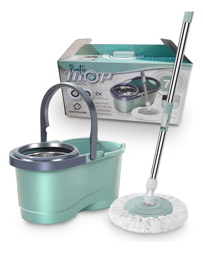 Mop Balde Esfregão Cesto Inox 1 Refil Extra Com Roda E Alça 7 litros verde