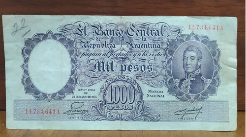 Billete 1000 Pesos Moneda Nacional Nros Rojos Bott 2135