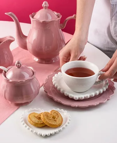 Conjunto de Bule para Chá /Café de porcelana Fancy wolff na cor rosa