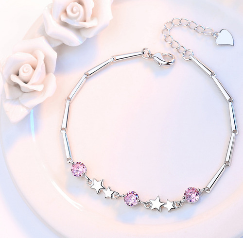 Pulsera Plata 925 Estrellas Ajustable Circones En Oro Blanco