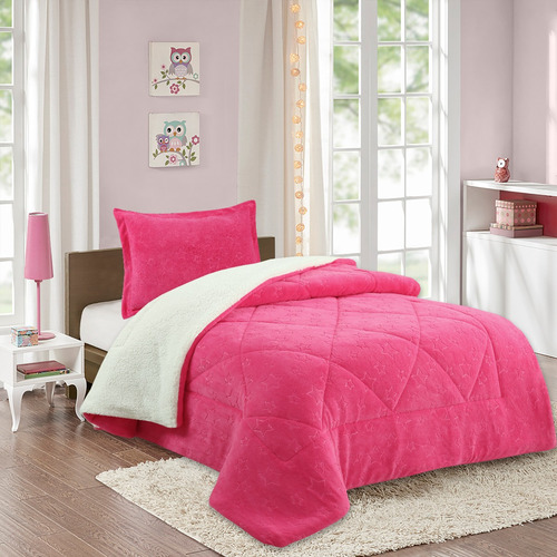 Cubrecama Sherpa Coral Embossed Infantil Diseño Estrellas Fucsia Estrellas