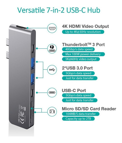 Imagen 2 de 10 de Adaptador 2 Usb-c - 2 Port Usb 3.0 + C + Hdmi + Sd + Pd Mac