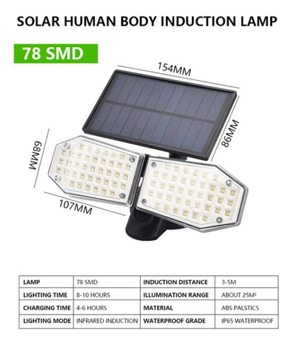Lampara Led Solar Exterior Sensor Luces Foco 3modos 78 Led