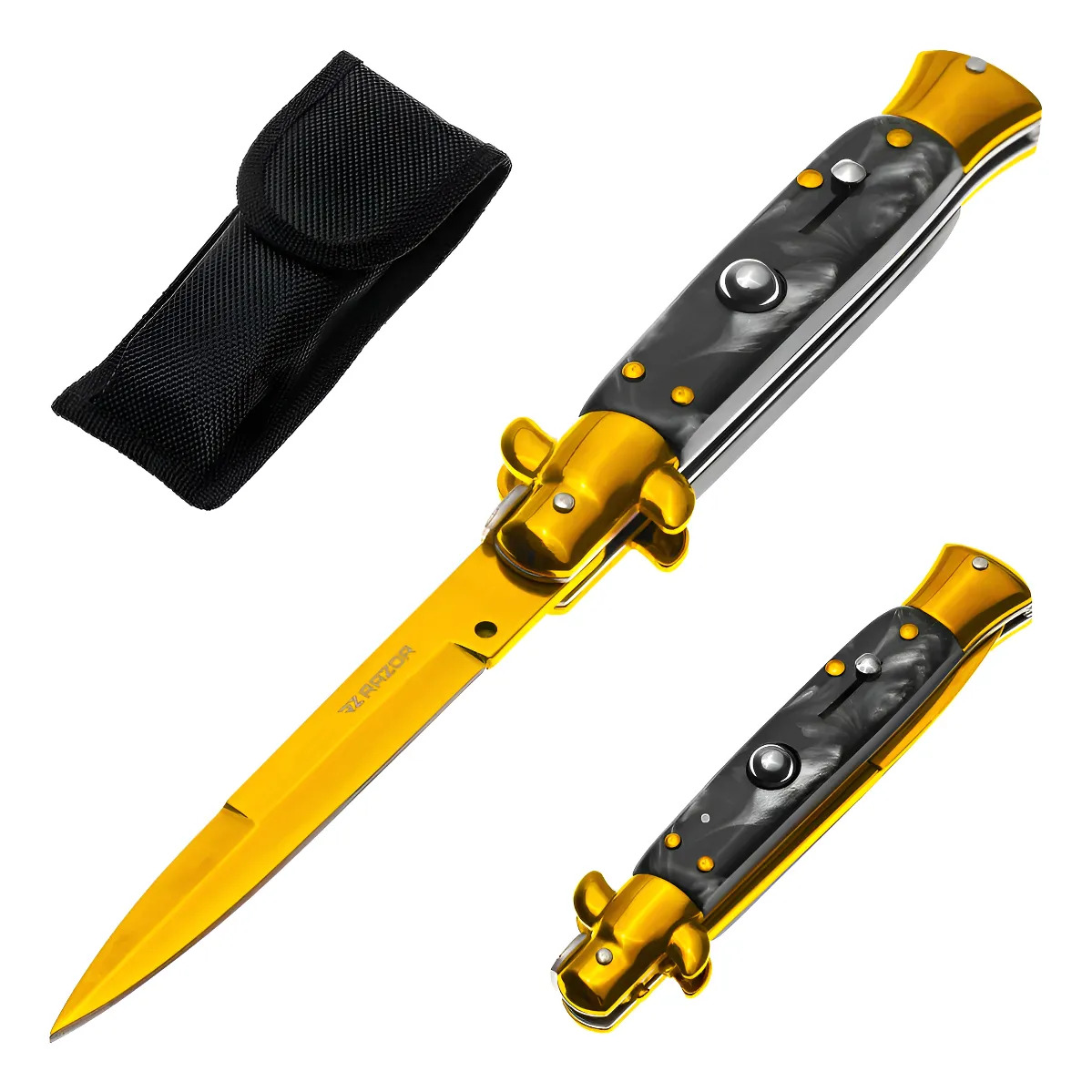 Navaja Estilete Italiano Automática Razor, Dorada, con Mango de Resina