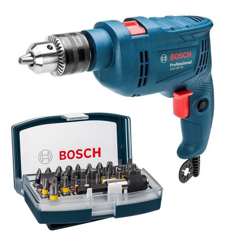 Taladro Percutor Bosch Gsb 550re 13mm 550w + Set 32 Piezas