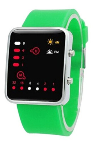 Reloj Binario De Leds Color Verde Producto De Moda Geek Color del bisel Plateado Color del fondo Negro