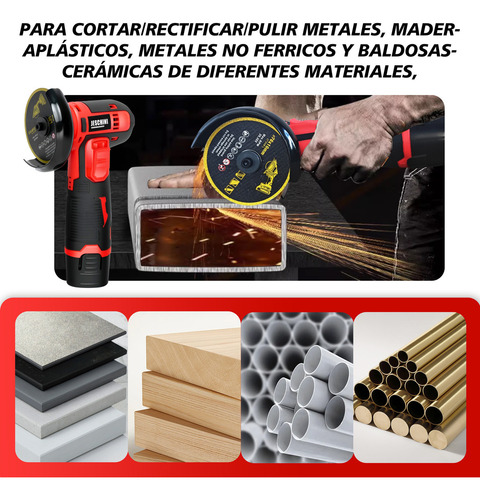 Esmeril Angular Mini Esmeriladora Inalámbrica Esmeril Pulido Lijadora Amoladora + 2 Baterías Rojo Wanse