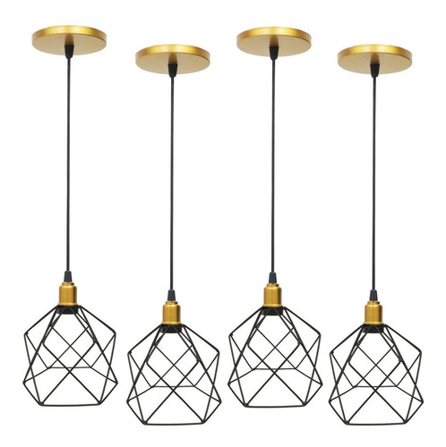 4 Pendentes Aramado Cálice Balcão Lustre Luxo Retrô Canopla Cor Dourado/Preto