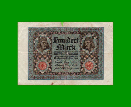 Billete Alemania 100 Marcos, Pick 69a, Año 1920, Estado R.-