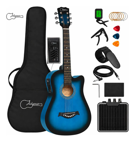 Guitarra Electroacústica Jidyous Modelo JGIN38CBL de 6 Cuerdas para Diestros Color Azul Tilo con Funda y Amplificador 5W Recargable