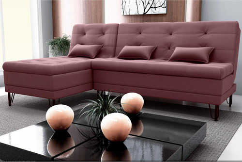 Sofá Cama Com Chaise 3 Lugares 2,00 Mts Nice Matrix Rosê
