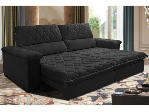 Sofá Retrátil Reclinável 2,95m Cama Inbox Big Home. Velusoft Cor Preto