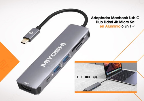 Imagen 8 de 10 de Adaptador Usb C Macbook Pro Air Hub Cable Hdmi 4k 6 En 1