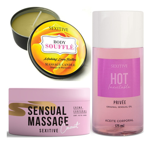 Kit Sexitive Para Masajes: Crema 200ml + Aceite 125ml + Vela