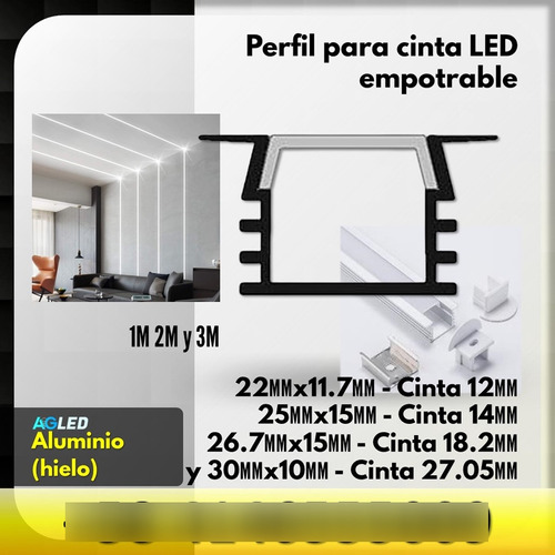 Perfil Empotrable 3m 22x11.7mm Para Cinta Led 12mm