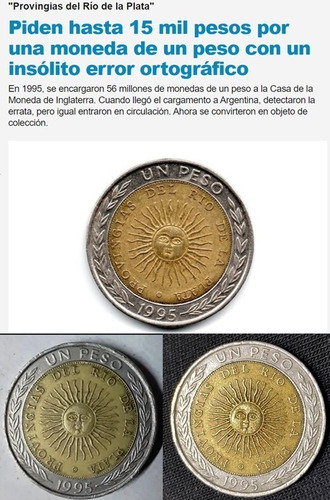 Imagen 2 de 2 de Vendo Moneda Mal Acuñada De $1 Error Ortográfico Provingias