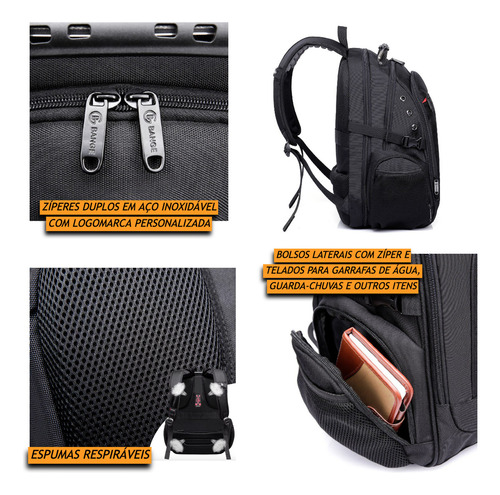 Mochila Executiva Reforçada Alça Cabo De Aço C/ Cadeado 40 Litros Masculina Bange Premium Para Notebook 17,3 Polegadas Viagem Bordo Impermeável Cor Preto
