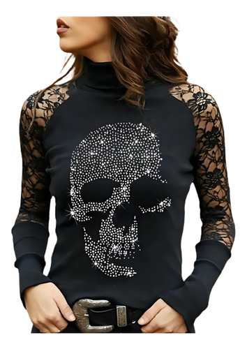 Top Con Cuello Alto Y Panel De Encaje Con Calavera Brillante