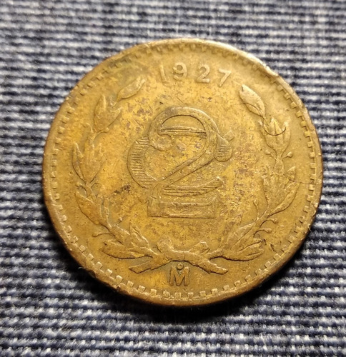 Moneda 2 Centavos Monograma 1927. En Cobre.