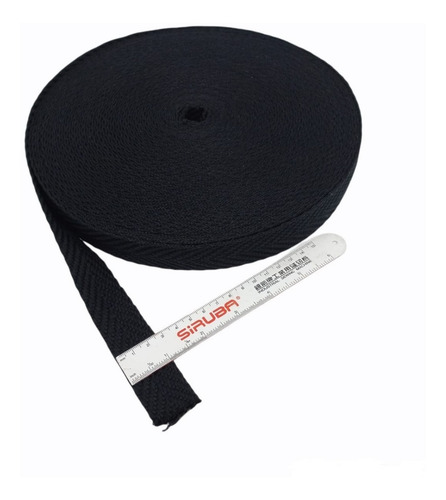 Imagen 2 de 2 de Cinta Asargada Mochilera Algodón Negra De 25mm X 25 Mts