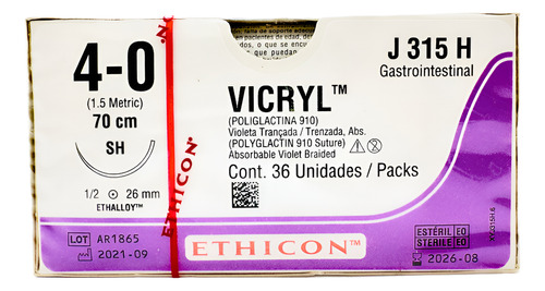 Sutura Vicryl 4-0 Ref: J315h. Caja Con 36 Pz. Ethicon.
