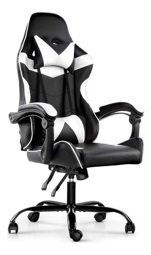 Silla de escritorio Lumax Gamer ergonómica  blanca y negra con tapizado de cuero sintético