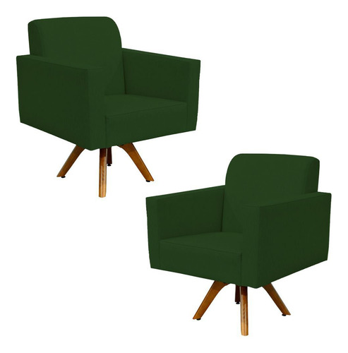 Kit 02 Poltronas Decorativas Base de Madeira Helô L02 Suede Verde Musgo
