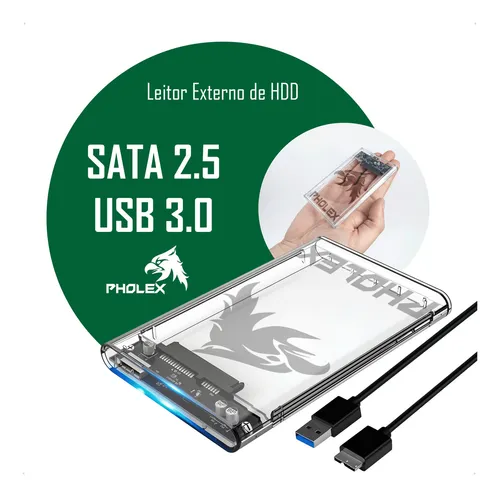 Case HD Externo USB 3.0 Transparente Para HD/SSD SATA 2,5″ Pholex Gaveta Adaptador Portátil Notebook e PC