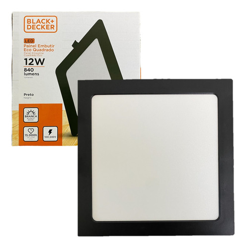 Kit 2 Plafon Quadrado Embutir 12w Preto Branco Frio 6500k