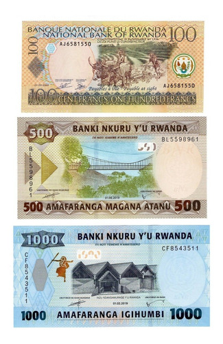 Ruanda - Set 3 Billetes 100 500 1000 Francos - Unc
