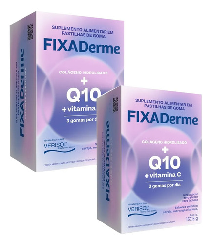 Kit 2 Fixa Derme Q10 Colageno Hidrolisado Verisol Mastigável