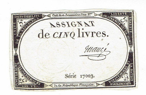 Billete De Francia, 5 Libras, 1793.  Jp