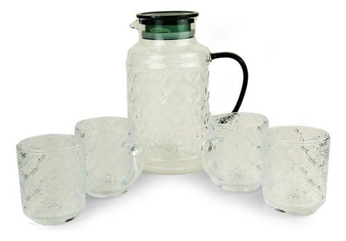 Set De Jarra De Vidrio Con Tapa Verde Y Vasos Verde Oscuro